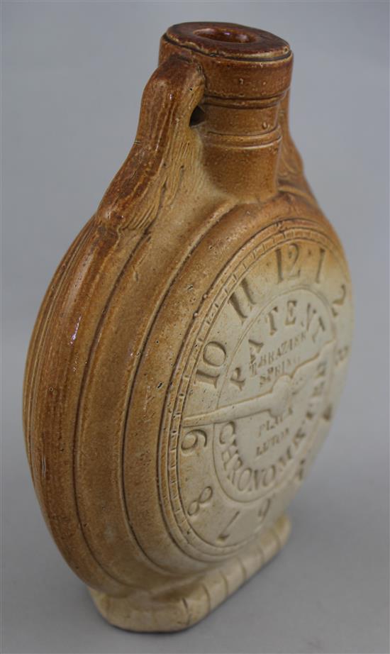 A rare English saltglaze stoneware Patent Chronometer flask, c.1835-40, 17.5cm